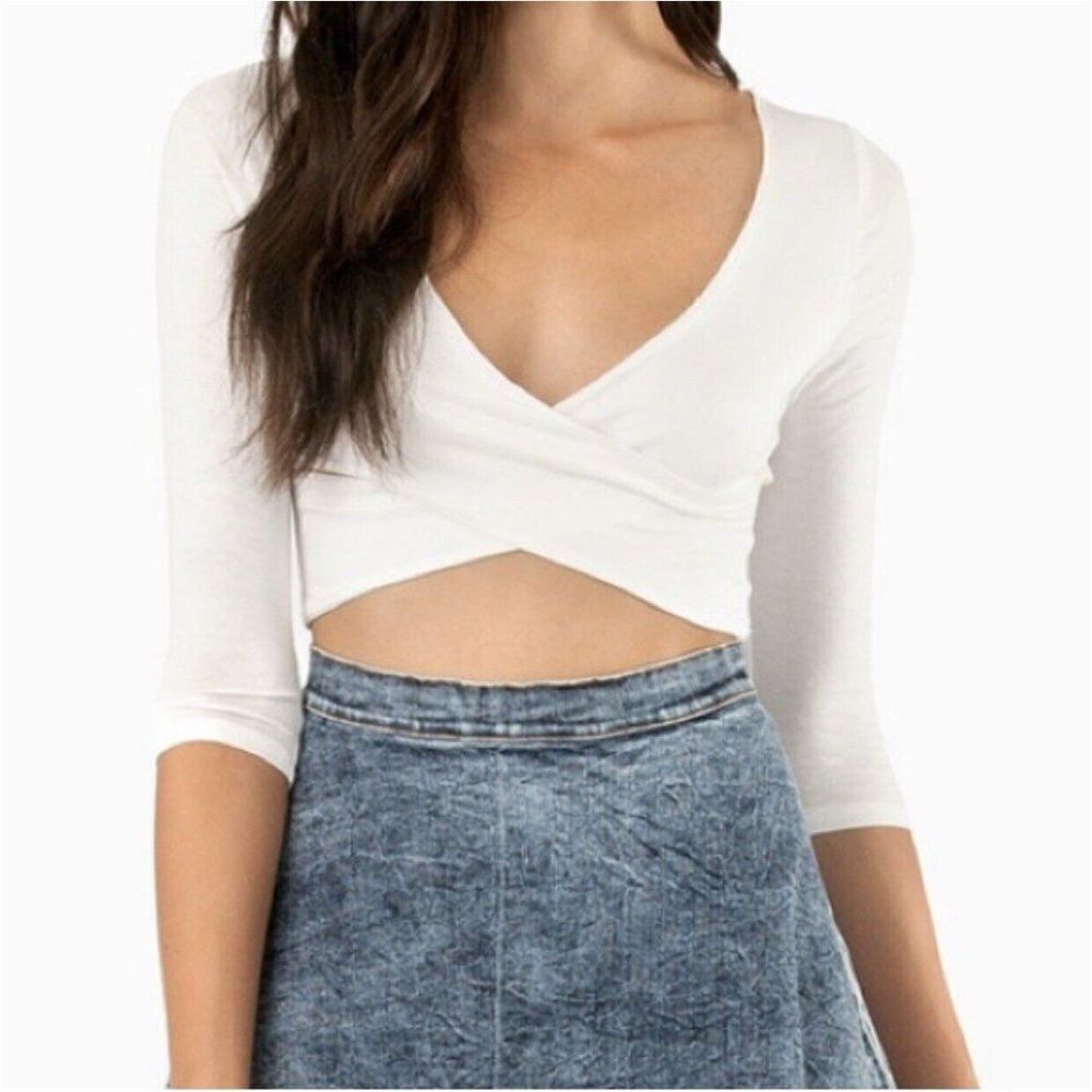 tobi womens solid white v neck wrap crop top mediun